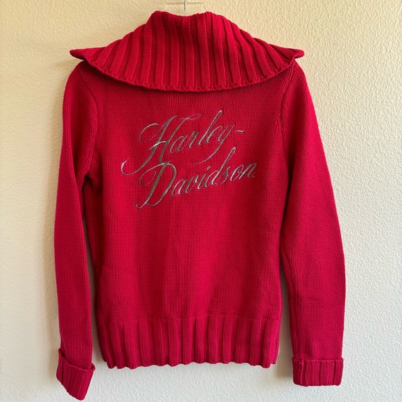 Vintage y2k 90s Harley Davidson women’s cardigan sweater Red L embroidered biker - Picture 7 of 13